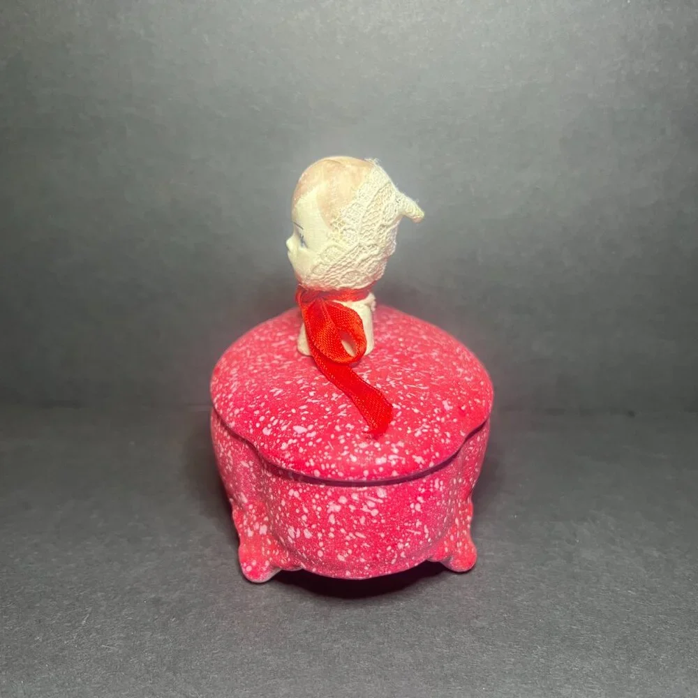 Vintage Unique OOAK Red Art Pottery Ceramic Doll Head Oval Trinket Jewelry Box